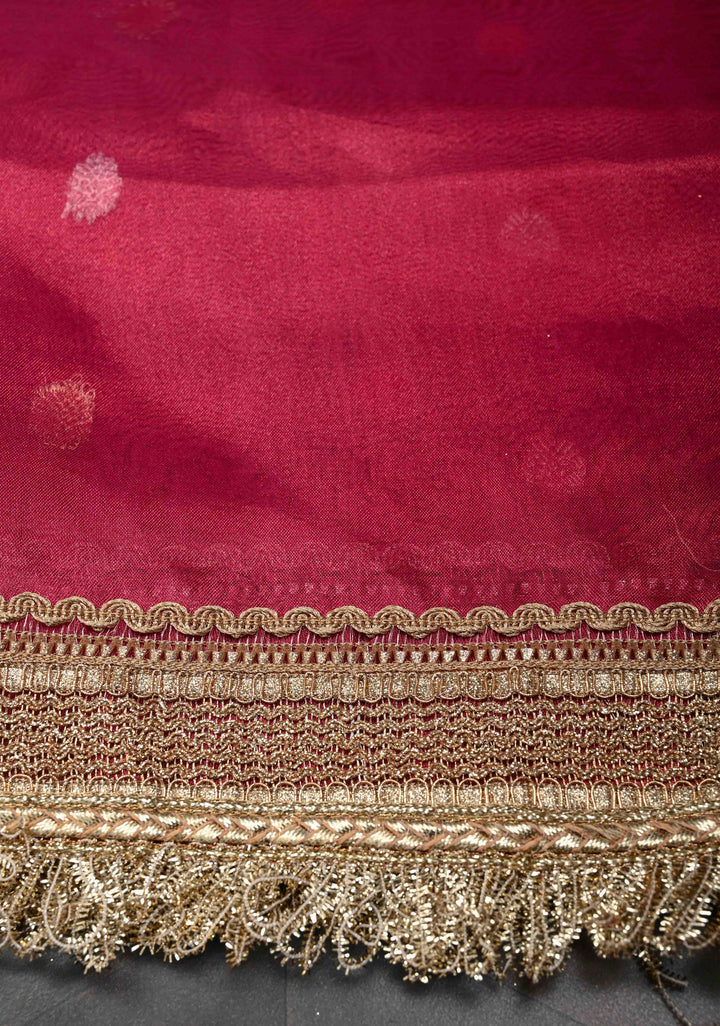 Pinkish Red Organza Tissue Silk Saree with Sona Rupa Buttas and Fancy Lace Trim Border | SILK MARK CERTIFIED