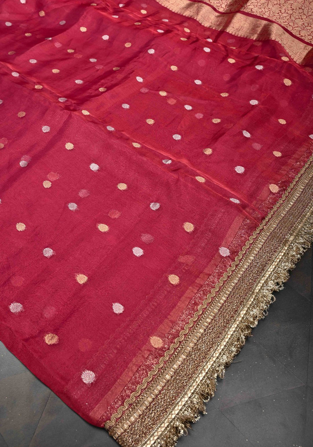 Pinkish Red Organza Tissue Silk Saree with Sona Rupa Buttas and Fancy Lace Trim Border | SILK MARK CERTIFIED