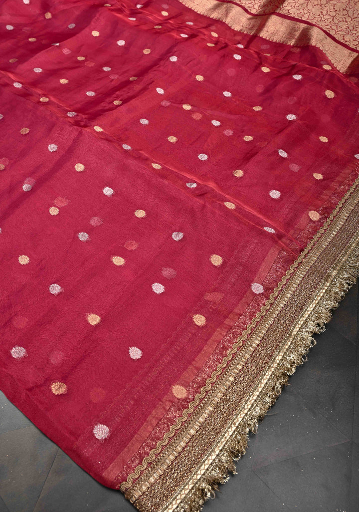 Pinkish Red Organza Tissue Silk Saree with Sona Rupa Buttas and Fancy Lace Trim Border | SILK MARK CERTIFIED