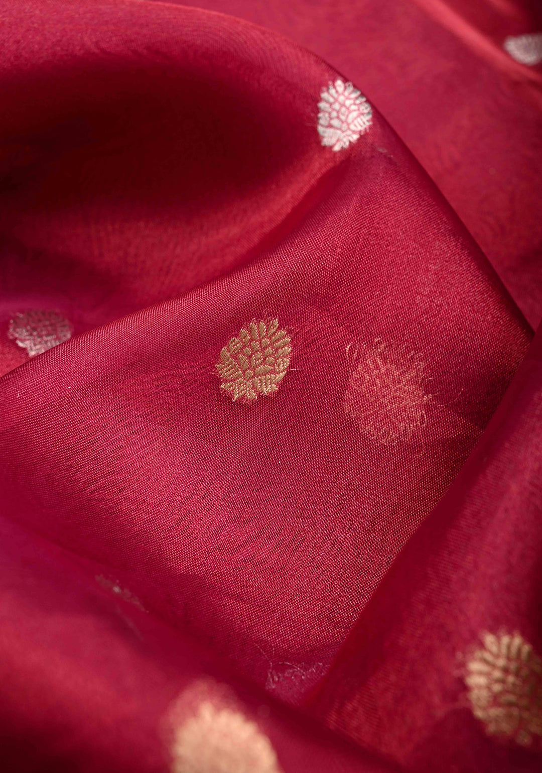 Pinkish Red Organza Tissue Silk Saree with Sona Rupa Buttas and Fancy Lace Trim Border | SILK MARK CERTIFIED