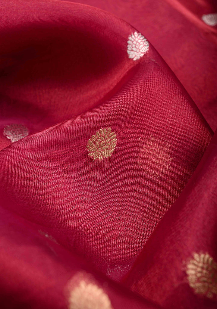 Pinkish Red Organza Tissue Silk Saree with Sona Rupa Buttas and Fancy Lace Trim Border | SILK MARK CERTIFIED