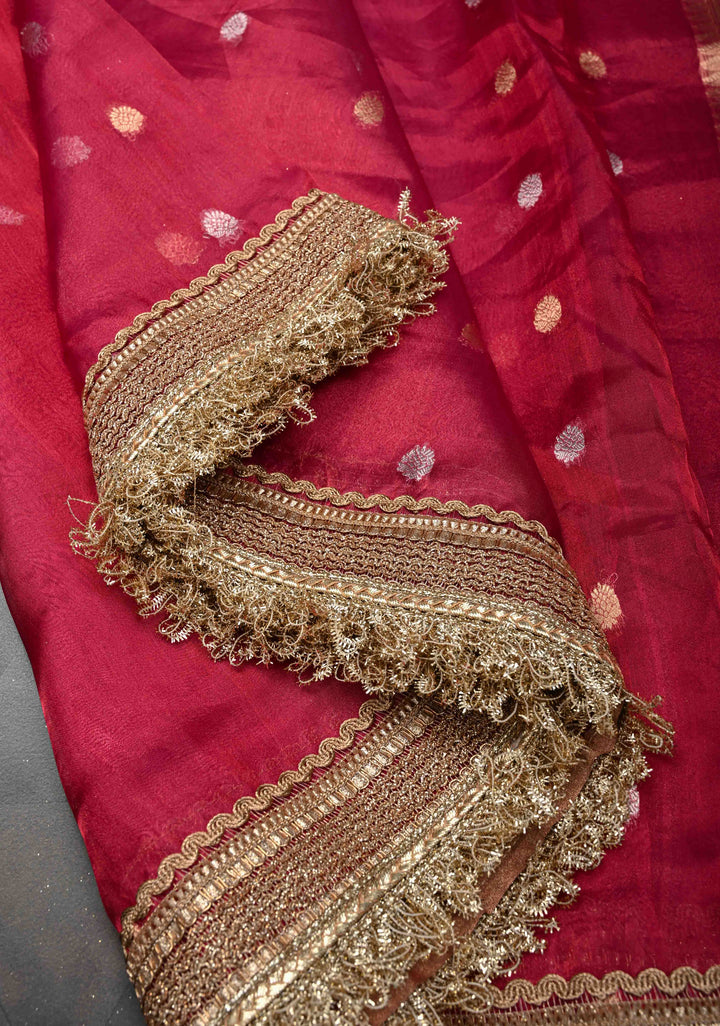 Pinkish Red Organza Tissue Silk Saree with Sona Rupa Buttas and Fancy Lace Trim Border | SILK MARK CERTIFIED