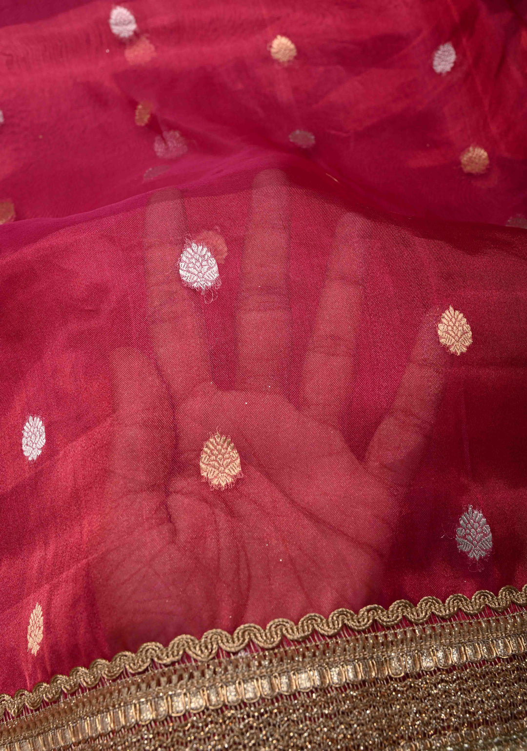 Pinkish Red Organza Tissue Silk Saree with Sona Rupa Buttas and Fancy Lace Trim Border | SILK MARK CERTIFIED