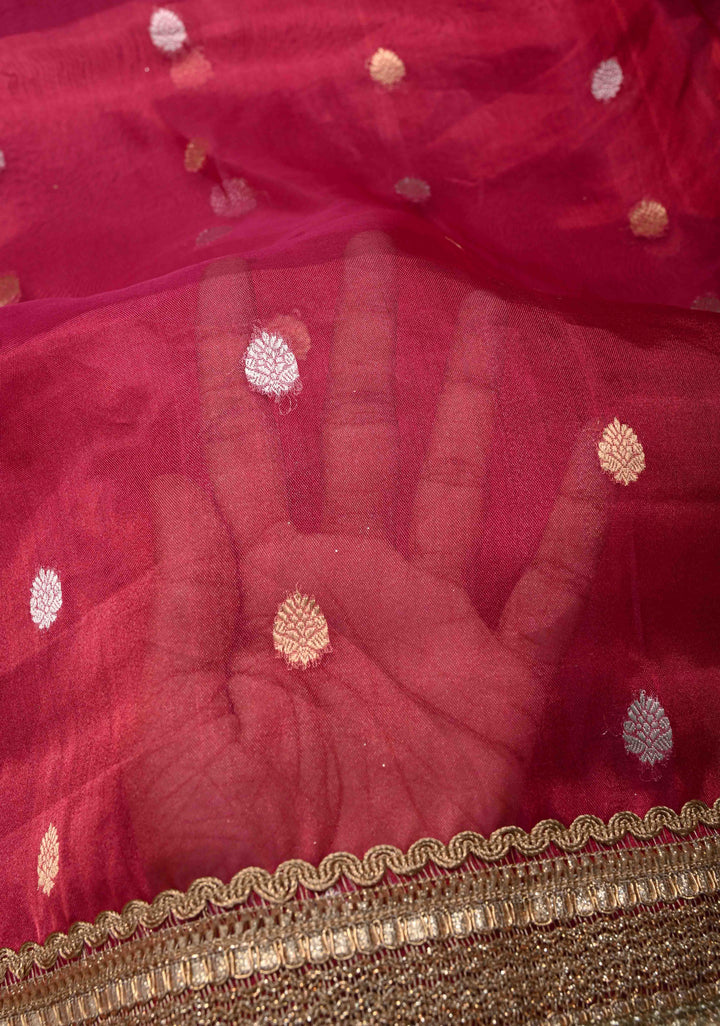 Pinkish Red Organza Tissue Silk Saree with Sona Rupa Buttas and Fancy Lace Trim Border | SILK MARK CERTIFIED