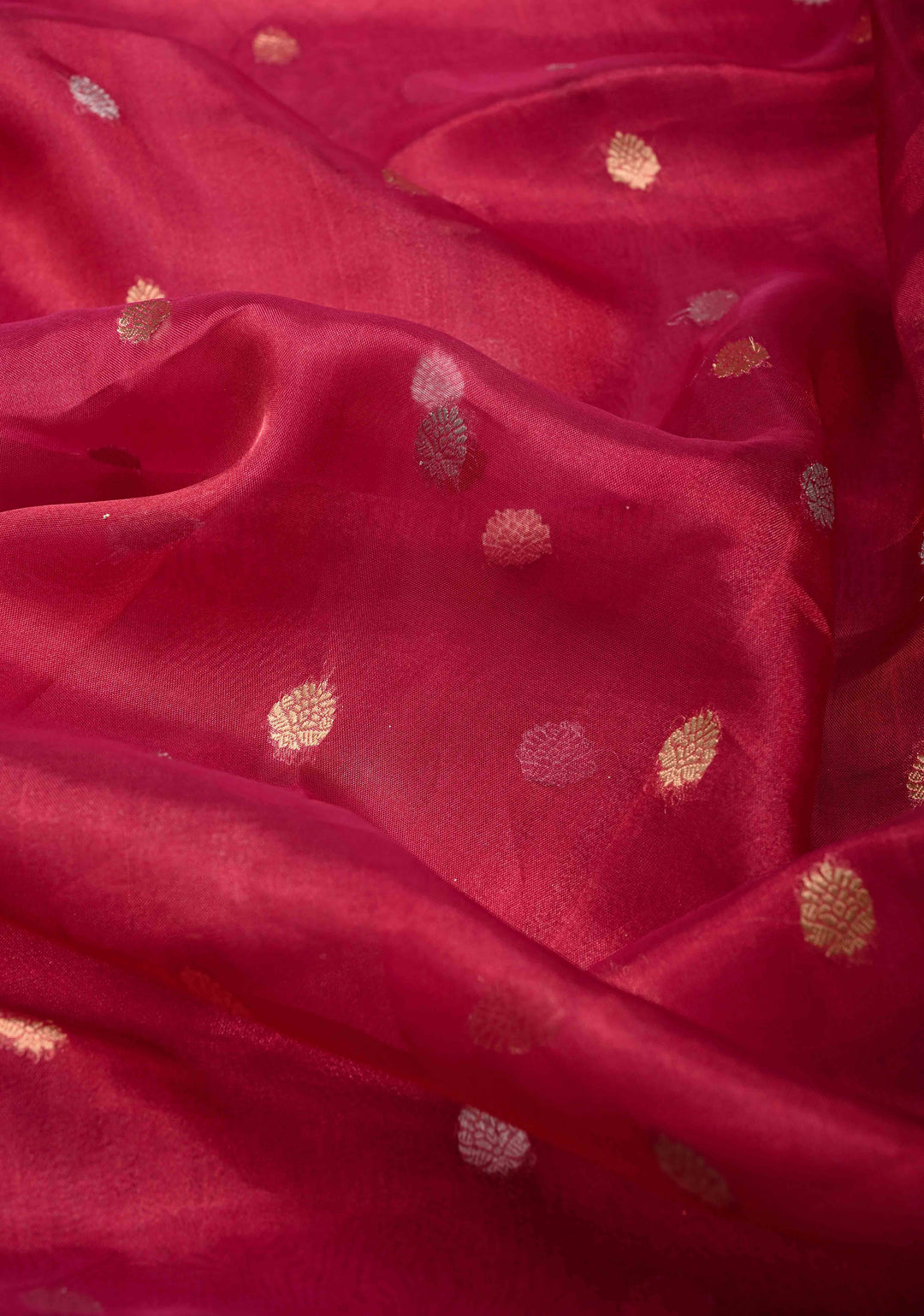 Pinkish Red Organza Tissue Silk Saree with Sona Rupa Buttas and Fancy Lace Trim Border | SILK MARK CERTIFIED