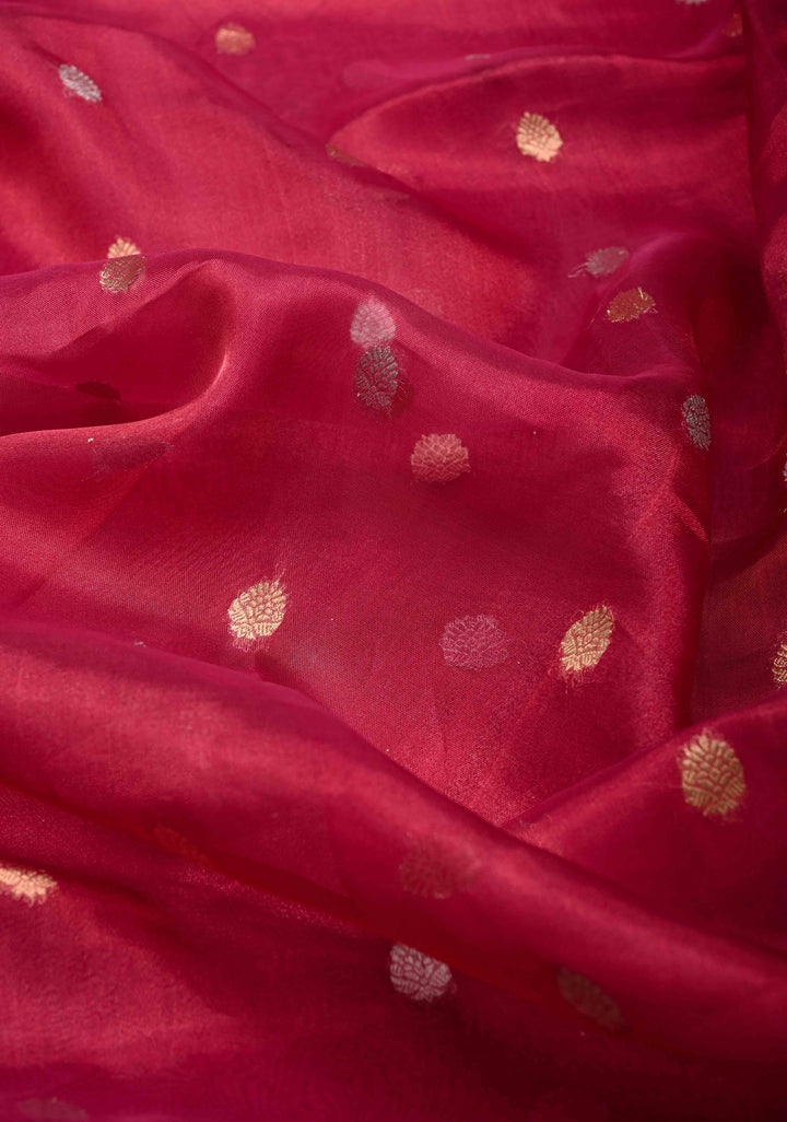 Pinkish Red Organza Tissue Silk Saree with Sona Rupa Buttas and Fancy Lace Trim Border | SILK MARK CERTIFIED