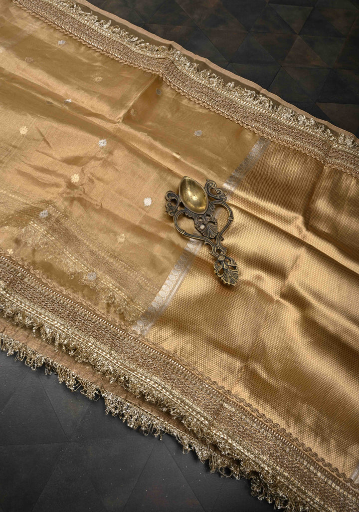Beige-Gold Banarasi Pure Tissue Silk Saree with Sona Rupa Zari Buttas and Lace Trim Border | SILK MARK CERTIFIED