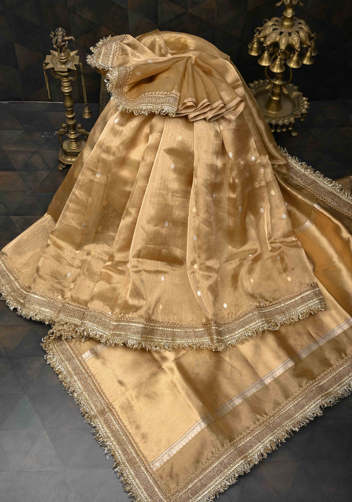 Beige-Gold Banarasi Pure Tissue Silk Saree with Sona Rupa Zari Buttas and Lace Trim Border | SILK MARK CERTIFIED