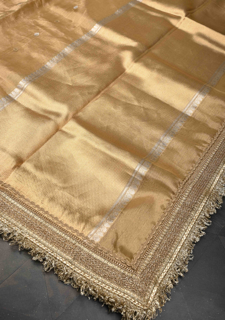 Beige-Gold Banarasi Pure Tissue Silk Saree with Sona Rupa Zari Buttas and Lace Trim Border | SILK MARK CERTIFIED