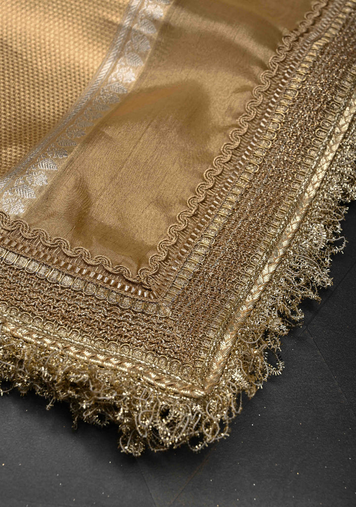 Beige-Gold Banarasi Pure Tissue Silk Saree with Sona Rupa Zari Buttas and Lace Trim Border | SILK MARK CERTIFIED