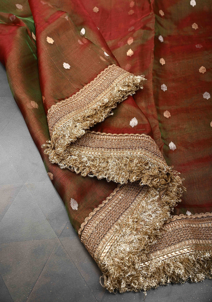 Maroon Dual tone Organza Tissue Silk Saree with Sona Rupa Zari Buttas and Fancy Lace Trim Border | SILK MARK CERTIFIED