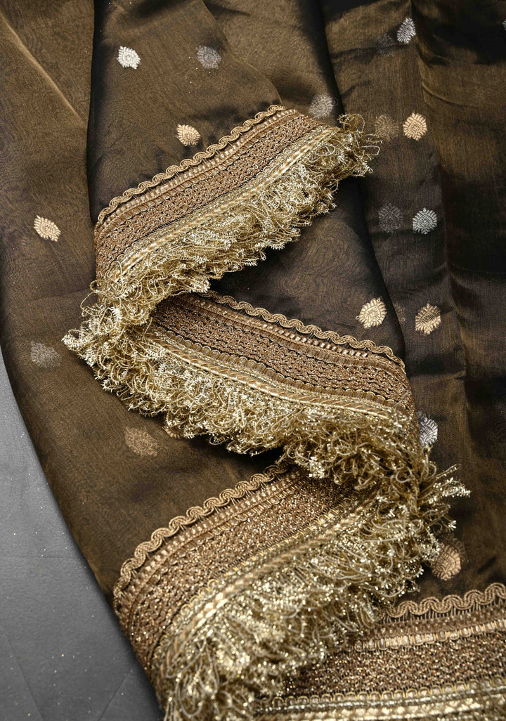 Bronze Banarasi Pure Tissue Silk Saree with Sona Rupa Zari Buttas and Fancy Lace Trim Border | SILK MARK CERTIFIED