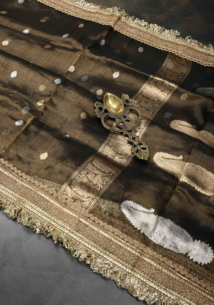Bronze Banarasi Pure Tissue Silk Saree with Sona Rupa Zari Buttas and Fancy Lace Trim Border | SILK MARK CERTIFIED