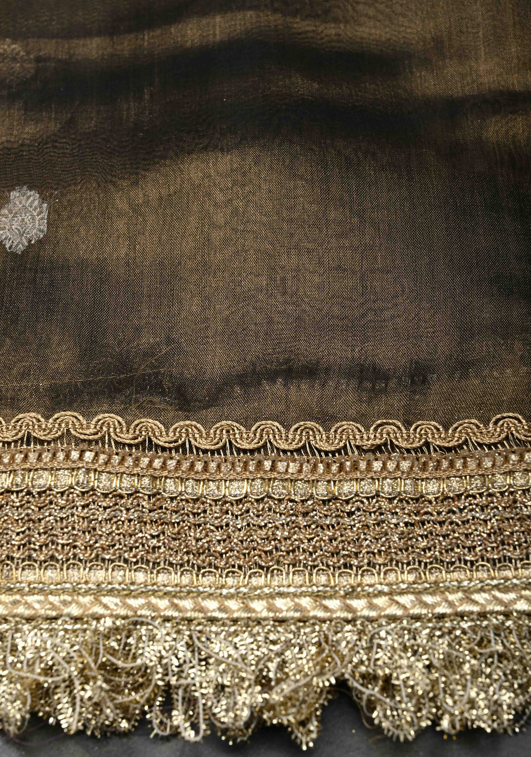Bronze Banarasi Pure Tissue Silk Saree with Sona Rupa Zari Buttas and Fancy Lace Trim Border | SILK MARK CERTIFIED
