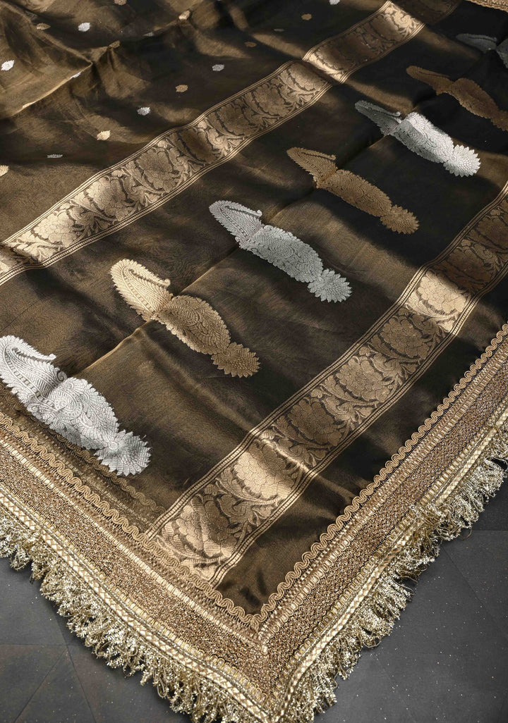 Bronze Banarasi Pure Tissue Silk Saree with Sona Rupa Zari Buttas and Fancy Lace Trim Border | SILK MARK CERTIFIED