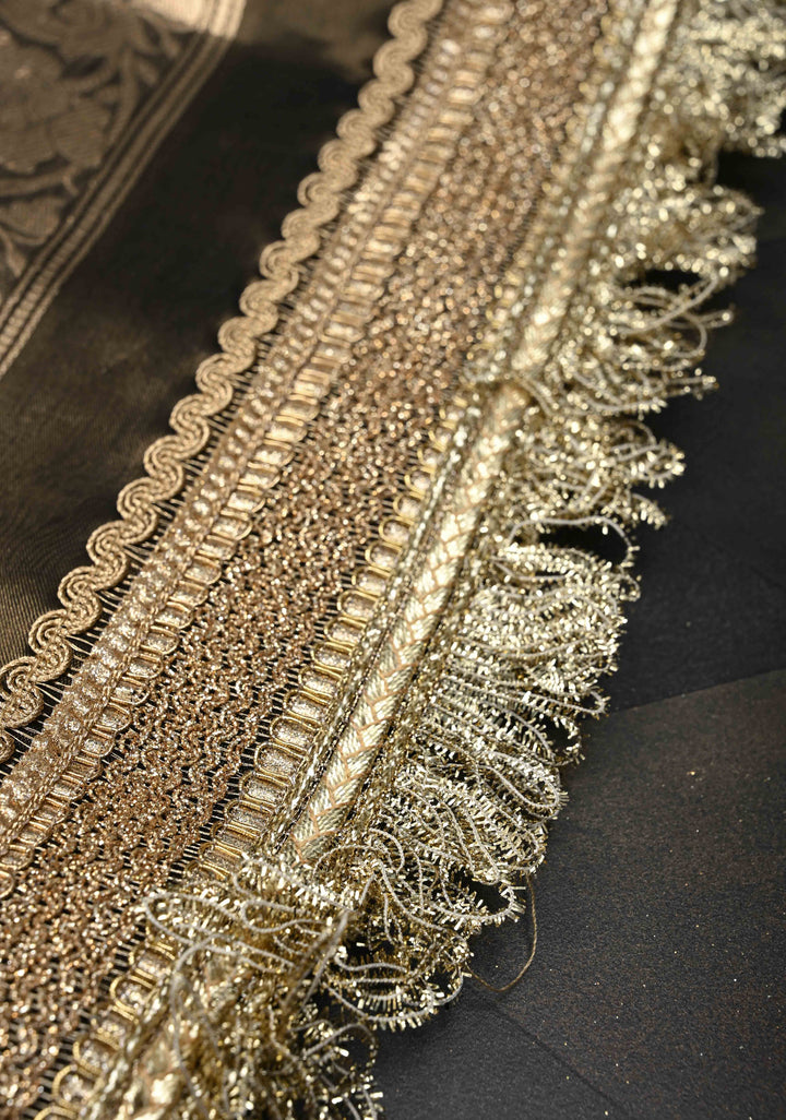 Bronze Banarasi Pure Tissue Silk Saree with Sona Rupa Zari Buttas and Fancy Lace Trim Border | SILK MARK CERTIFIED