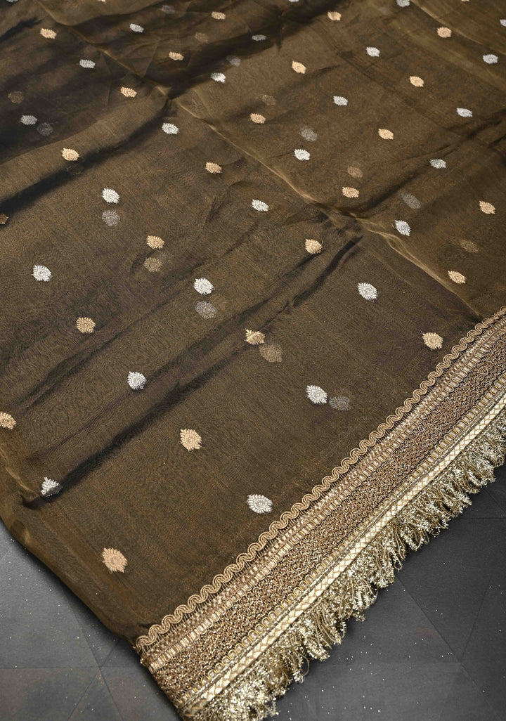 Bronze Banarasi Pure Tissue Silk Saree with Sona Rupa Zari Buttas and Fancy Lace Trim Border | SILK MARK CERTIFIED