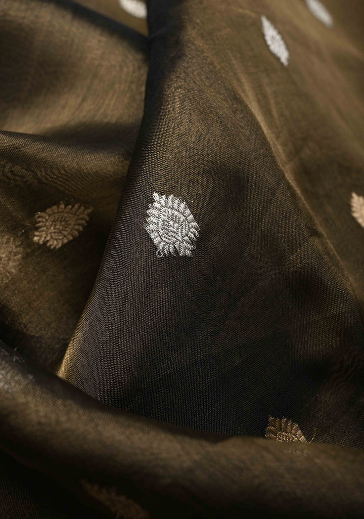 Bronze Banarasi Pure Tissue Silk Saree with Sona Rupa Zari Buttas and Fancy Lace Trim Border | SILK MARK CERTIFIED