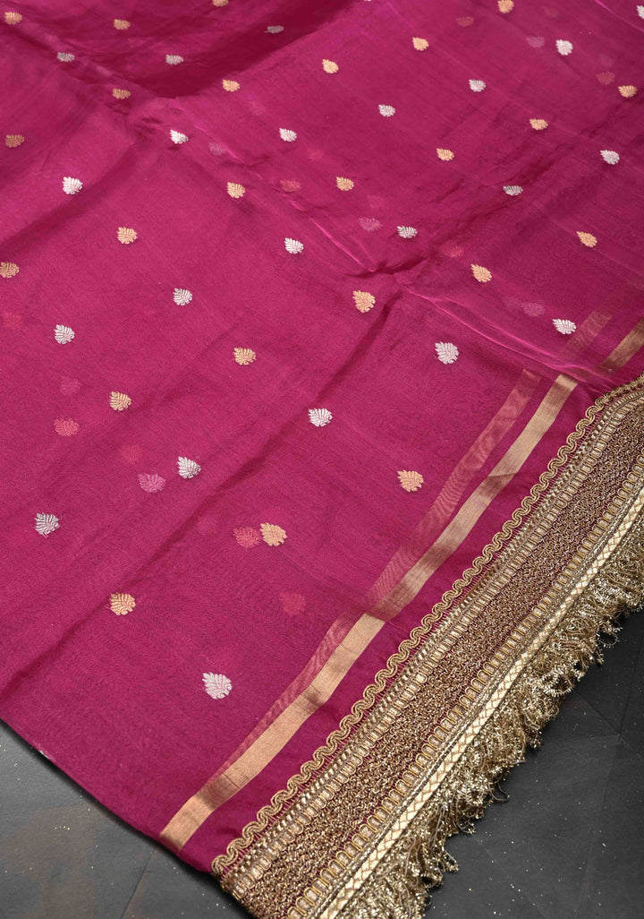 Raspberry Pink Organza Silk Saree with Sona Rupa Zari Buttas and Fancy Lace Trim Border | SILK MARK CERTIFIED