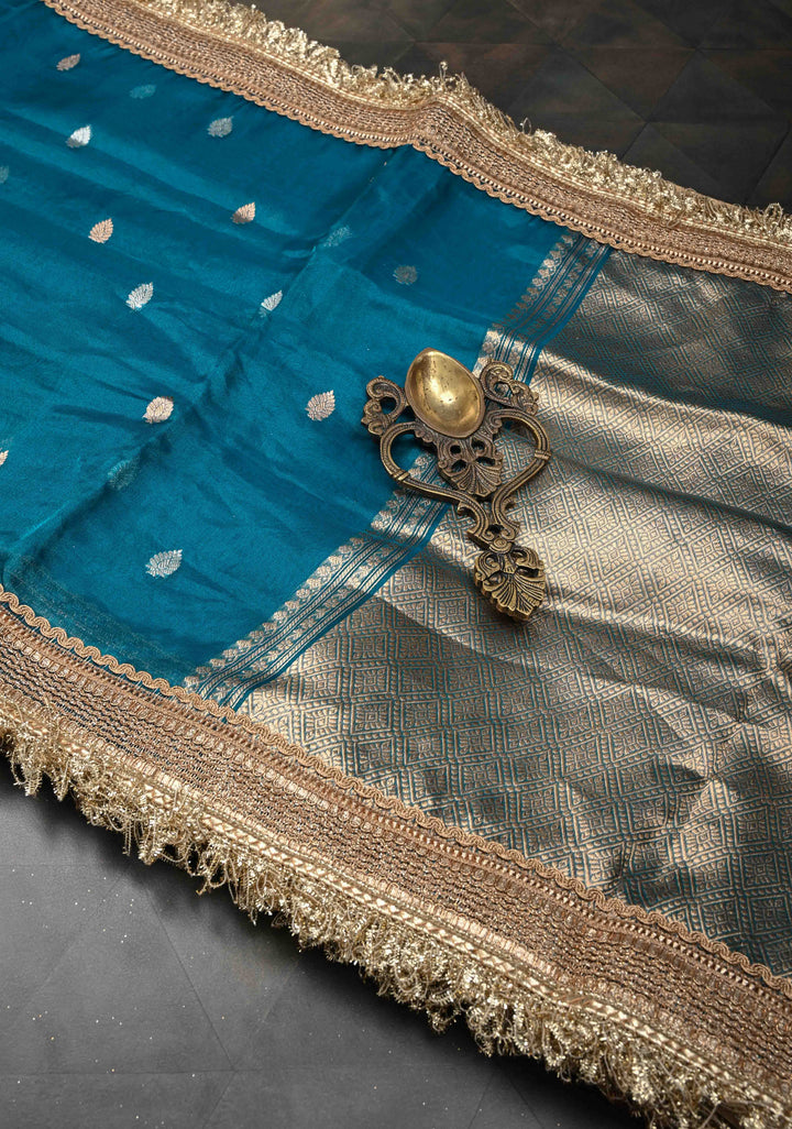 Prussian Blue Banarasi Pure Tissue Silk Saree with Sona Rupa Zari Buttas and Fancy Lace Trim Border | SILK MARK CERTIFIED