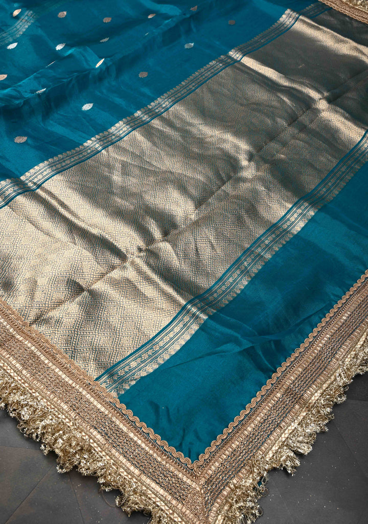 Prussian Blue Banarasi Pure Tissue Silk Saree with Sona Rupa Zari Buttas and Fancy Lace Trim Border | SILK MARK CERTIFIED