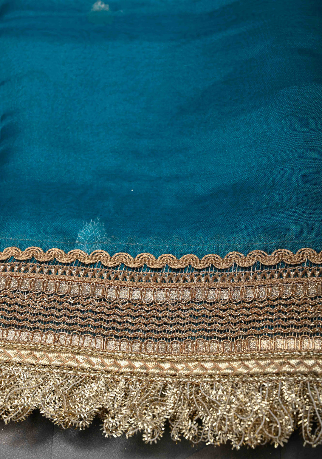 Prussian Blue Banarasi Pure Tissue Silk Saree with Sona Rupa Zari Buttas and Fancy Lace Trim Border | SILK MARK CERTIFIED