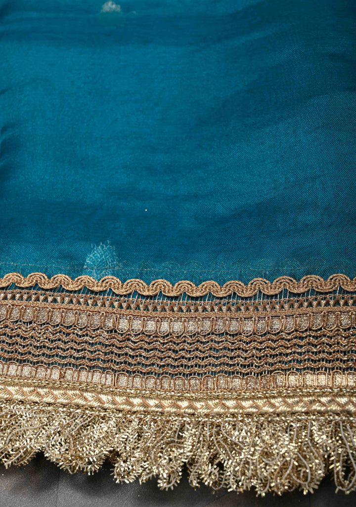 Prussian Blue Banarasi Pure Tissue Silk Saree with Sona Rupa Zari Buttas and Fancy Lace Trim Border | SILK MARK CERTIFIED