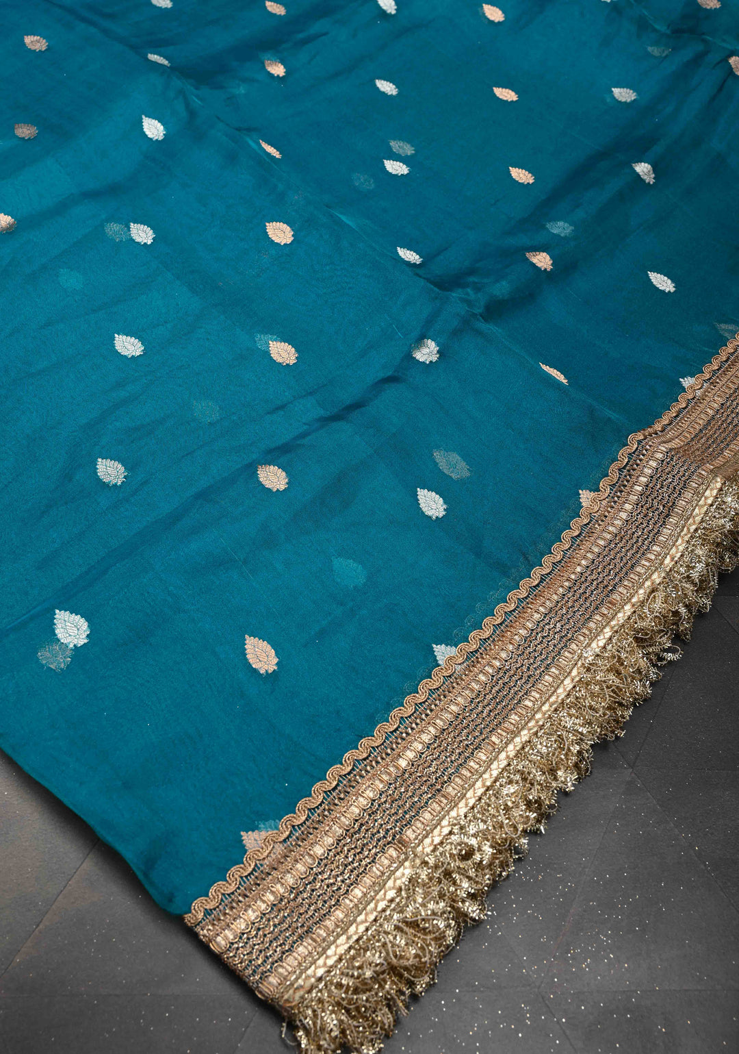 Prussian Blue Banarasi Pure Tissue Silk Saree with Sona Rupa Zari Buttas and Fancy Lace Trim Border | SILK MARK CERTIFIED