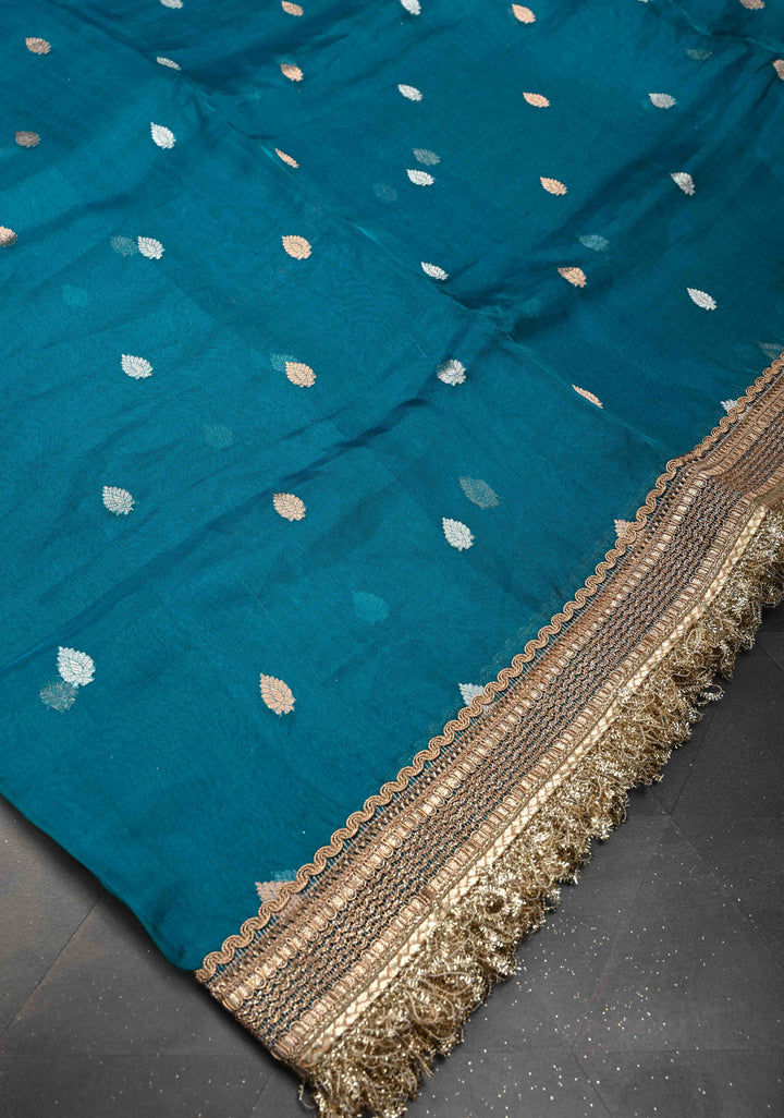 Prussian Blue Banarasi Pure Tissue Silk Saree with Sona Rupa Zari Buttas and Fancy Lace Trim Border | SILK MARK CERTIFIED