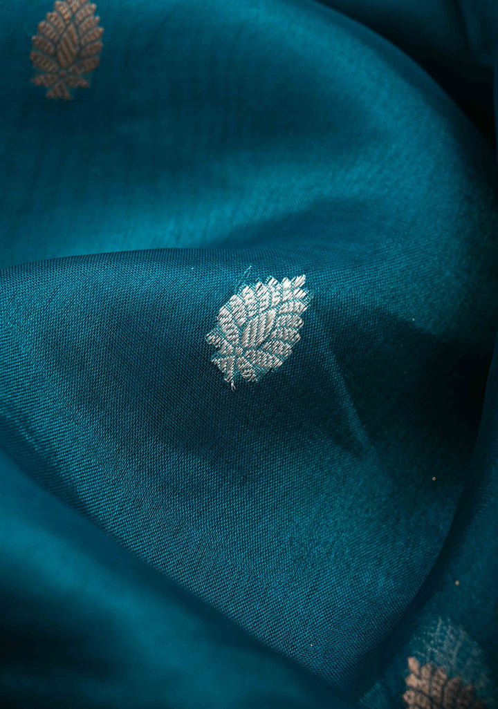 Prussian Blue Banarasi Pure Tissue Silk Saree with Sona Rupa Zari Buttas and Fancy Lace Trim Border | SILK MARK CERTIFIED