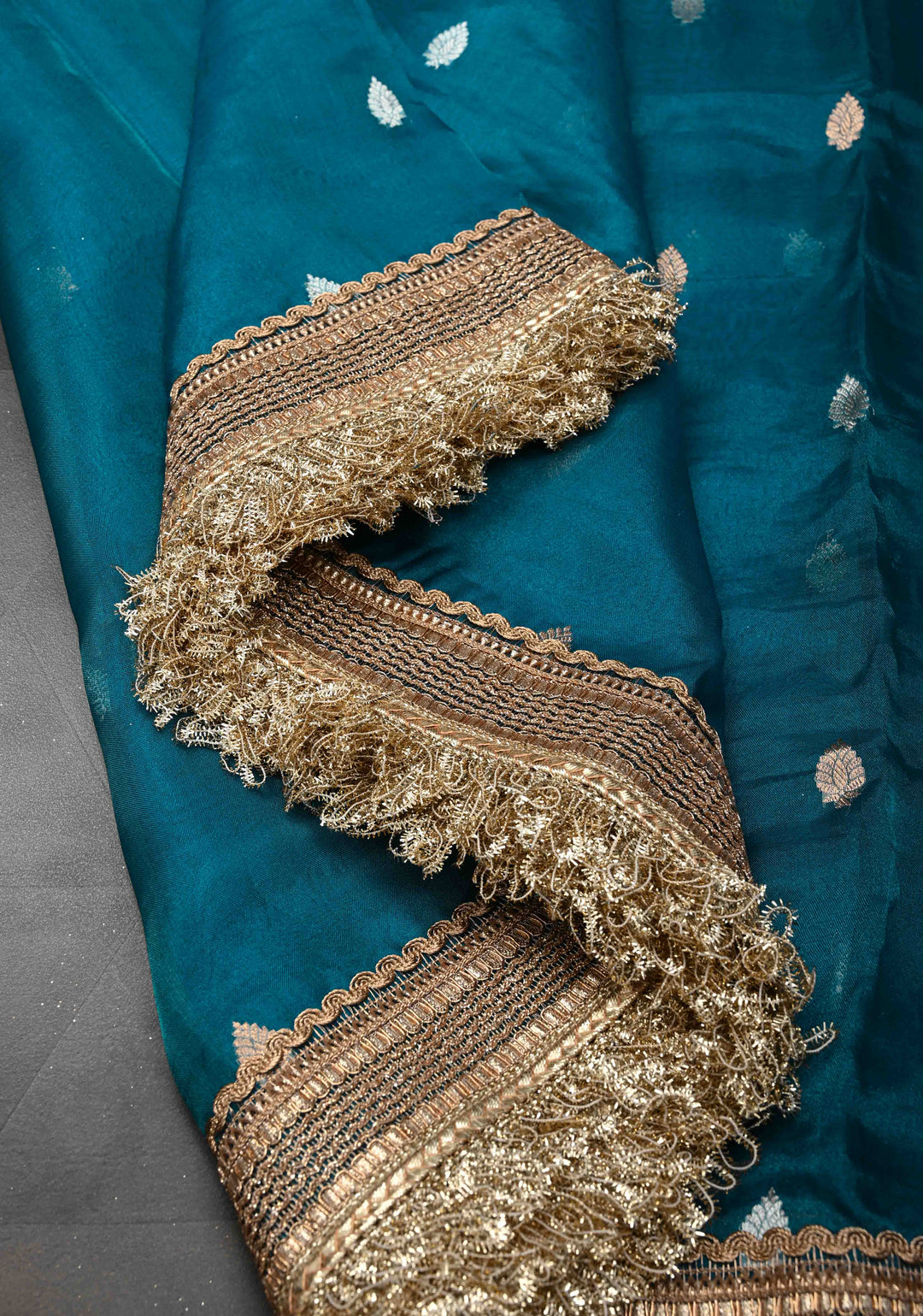 Prussian Blue Banarasi Pure Tissue Silk Saree with Sona Rupa Zari Buttas and Fancy Lace Trim Border | SILK MARK CERTIFIED