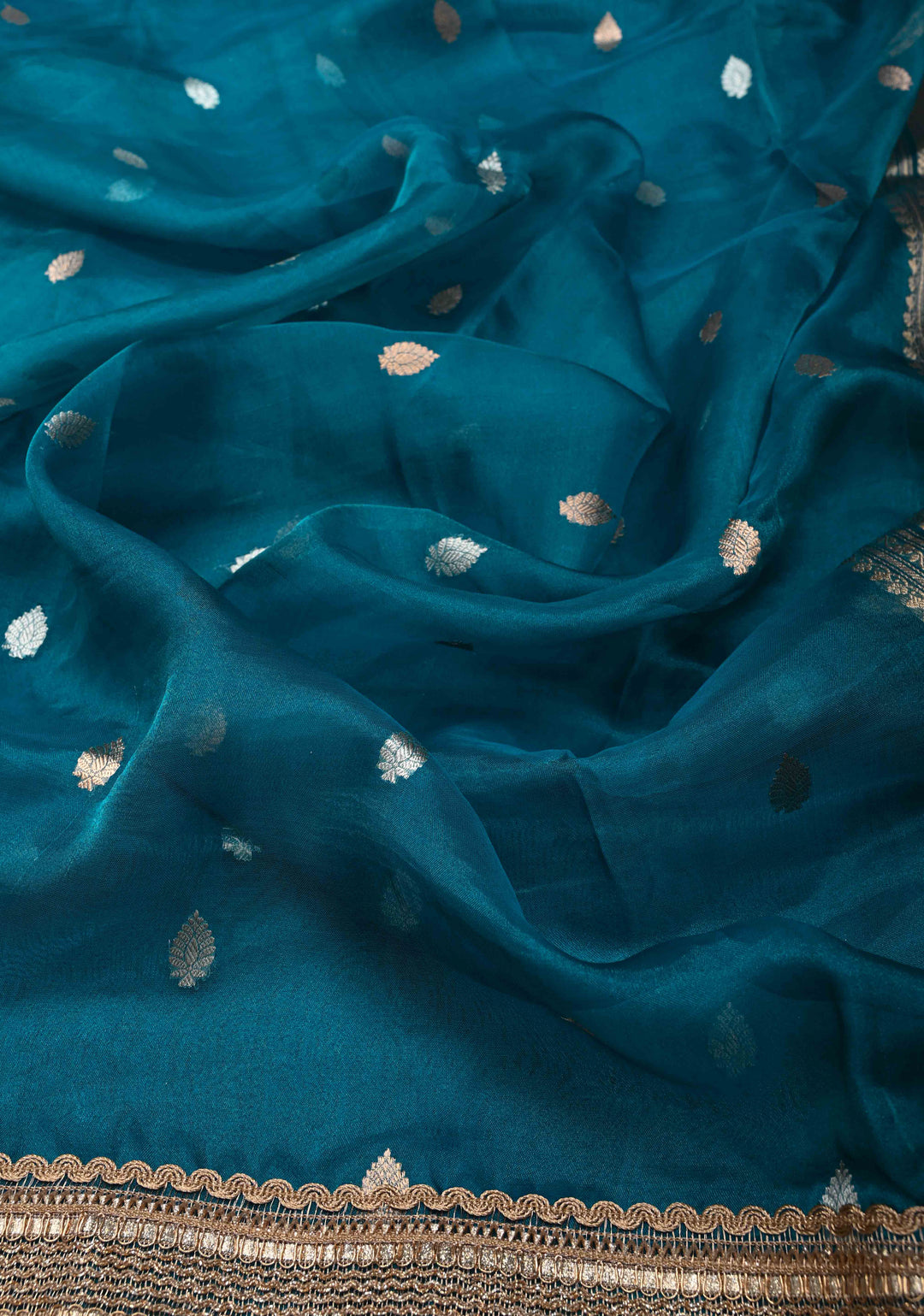 Prussian Blue Banarasi Pure Tissue Silk Saree with Sona Rupa Zari Buttas and Fancy Lace Trim Border | SILK MARK CERTIFIED