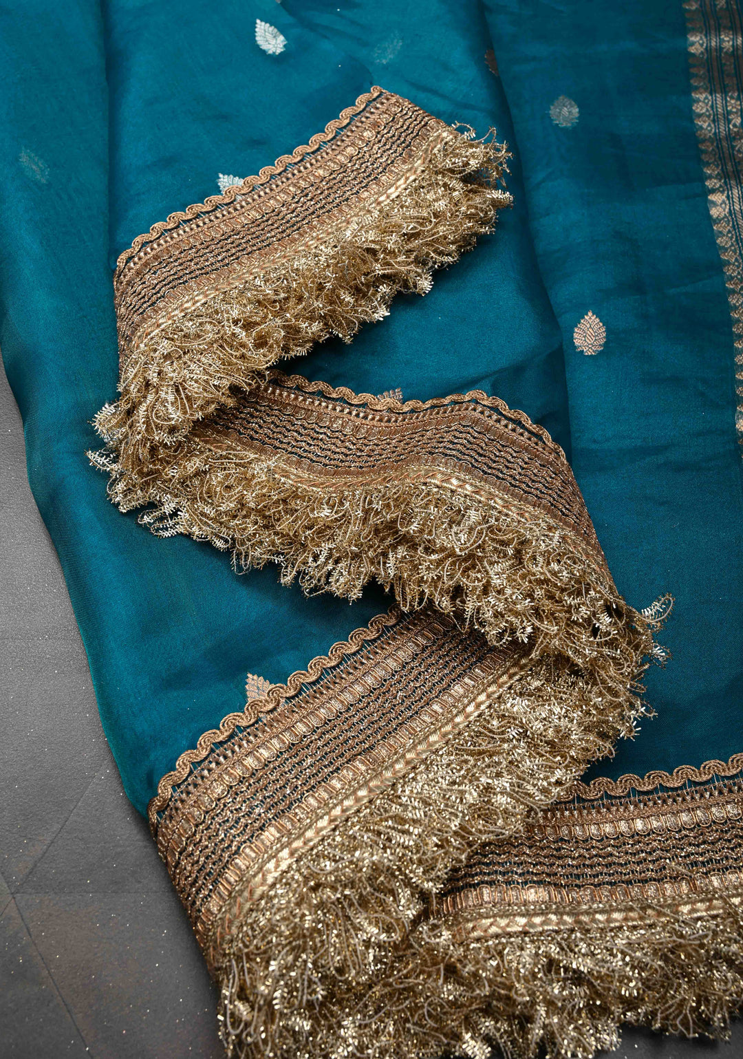 Prussian Blue Banarasi Pure Tissue Silk Saree with Sona Rupa Zari Buttas and Fancy Lace Trim Border | SILK MARK CERTIFIED