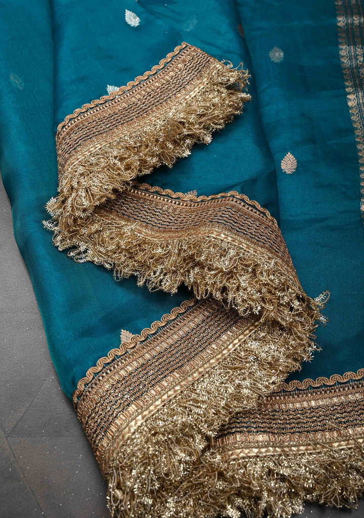 Prussian Blue Banarasi Pure Tissue Silk Saree with Sona Rupa Zari Buttas and Fancy Lace Trim Border | SILK MARK CERTIFIED