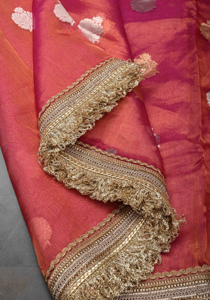 Pink Dual tone Organza Tissue Silk Saree with Sona Rupa Zari Buttas and Fancy Lace Trim Border | SILK MARK CERTIFIED