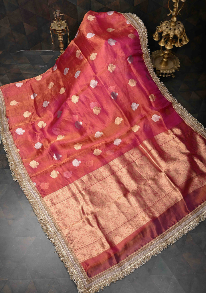 Pink Dual tone Organza Tissue Silk Saree with Sona Rupa Zari Buttas and Fancy Lace Trim Border | SILK MARK CERTIFIED