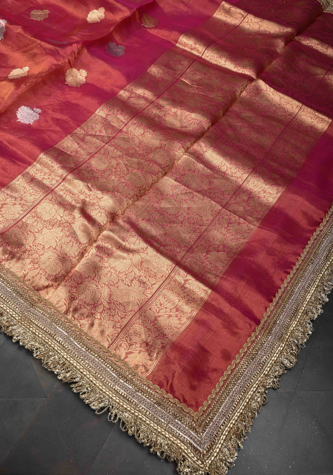 Pink Dual tone Organza Tissue Silk Saree with Sona Rupa Zari Buttas and Fancy Lace Trim Border | SILK MARK CERTIFIED