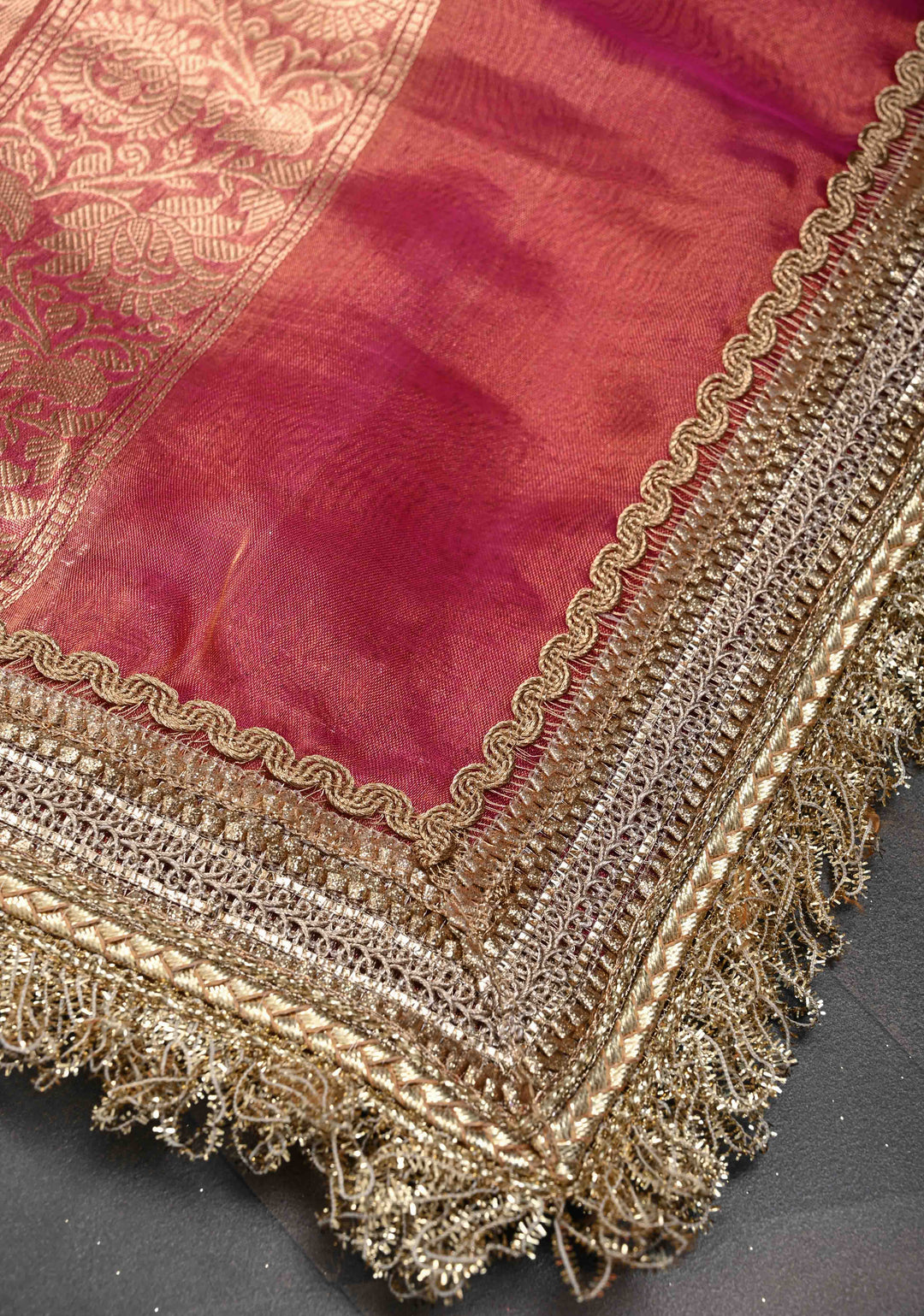 Pink Dual tone Organza Tissue Silk Saree with Sona Rupa Zari Buttas and Fancy Lace Trim Border | SILK MARK CERTIFIED