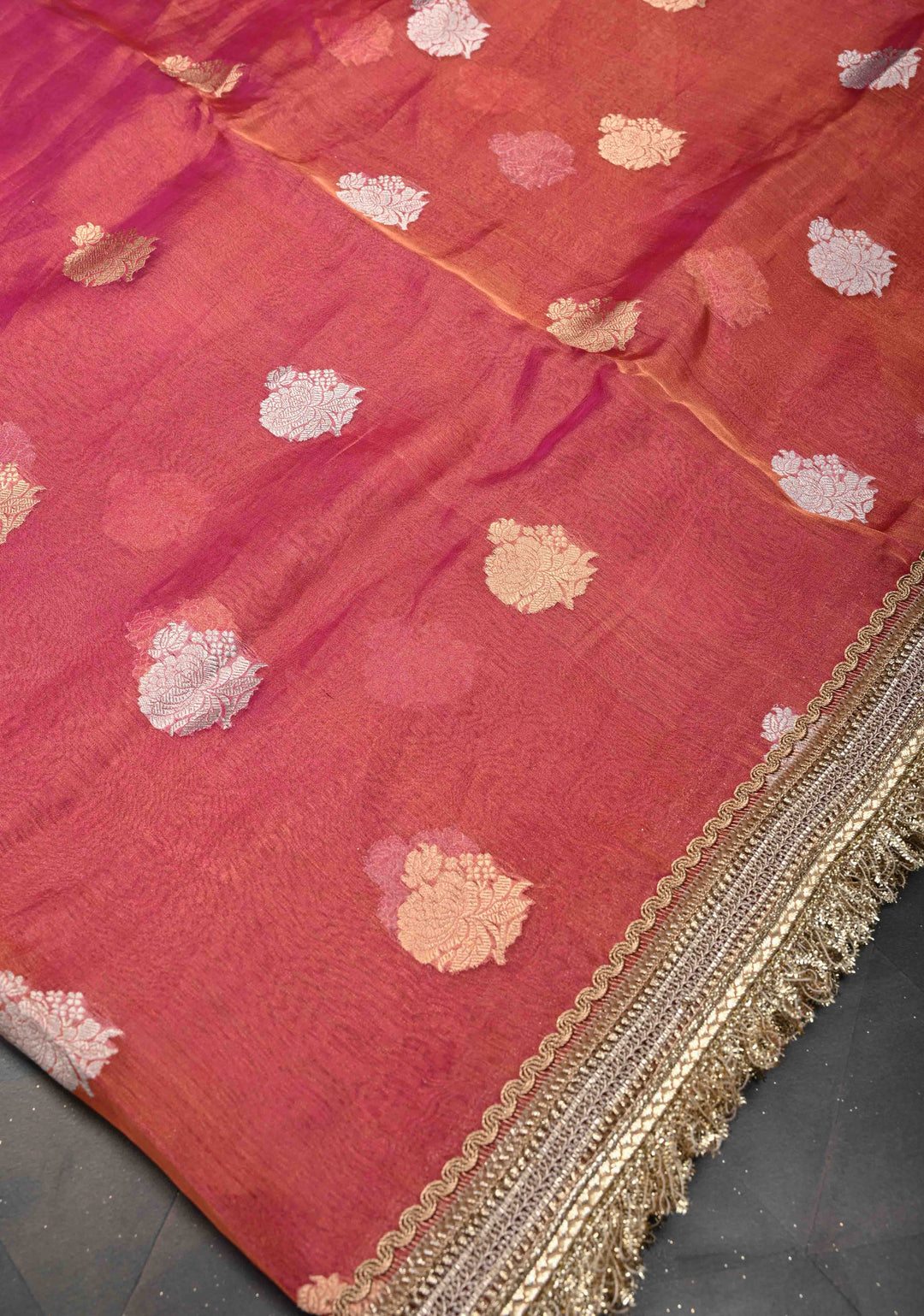 Pink Dual tone Organza Tissue Silk Saree with Sona Rupa Zari Buttas and Fancy Lace Trim Border | SILK MARK CERTIFIED