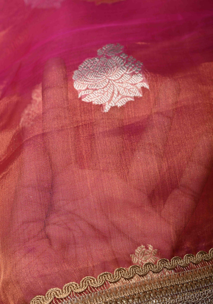 Pink Dual tone Organza Tissue Silk Saree with Sona Rupa Zari Buttas and Fancy Lace Trim Border | SILK MARK CERTIFIED