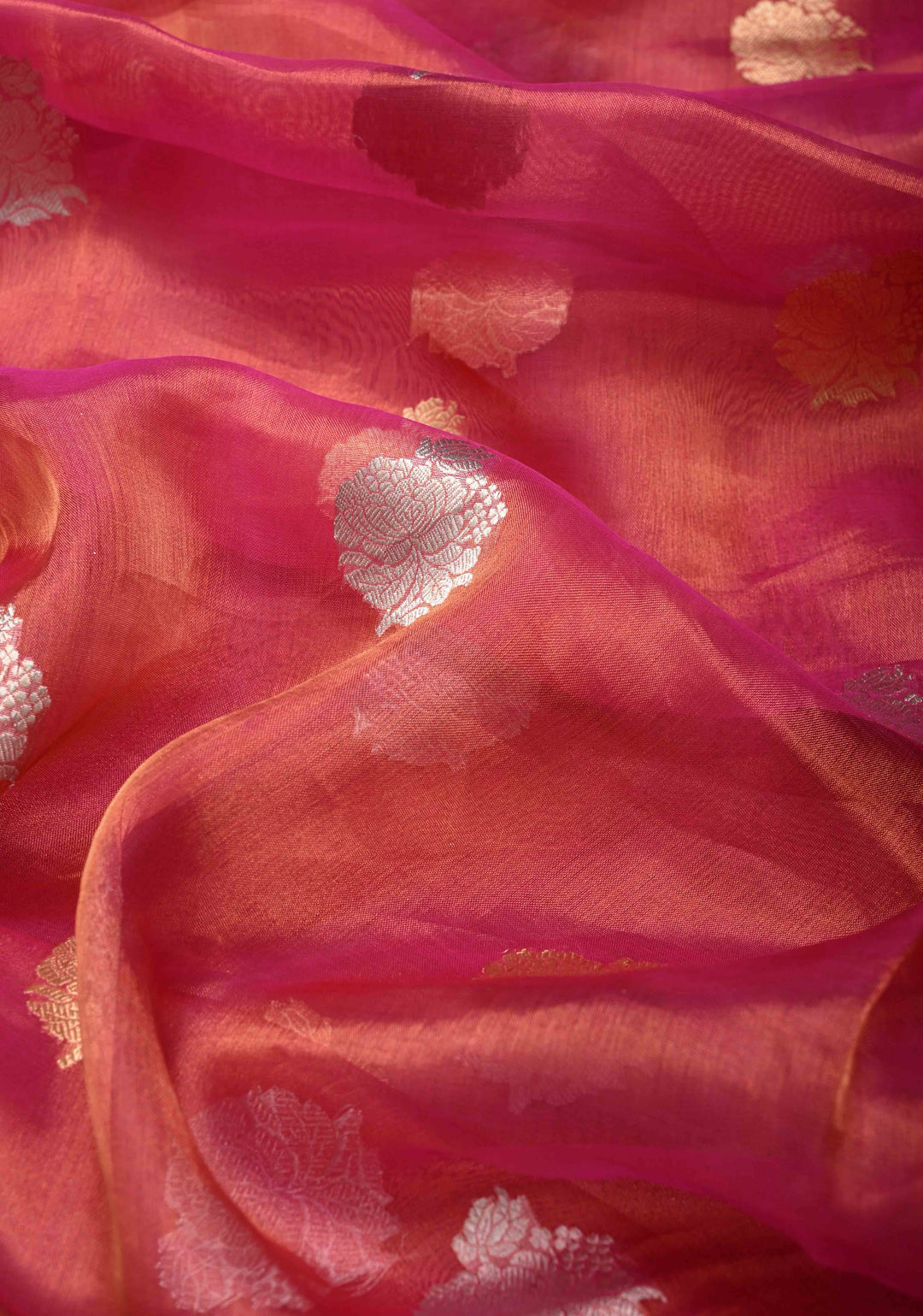 Pink Dual tone Organza Tissue Silk Saree with Sona Rupa Zari Buttas and Fancy Lace Trim Border | SILK MARK CERTIFIED