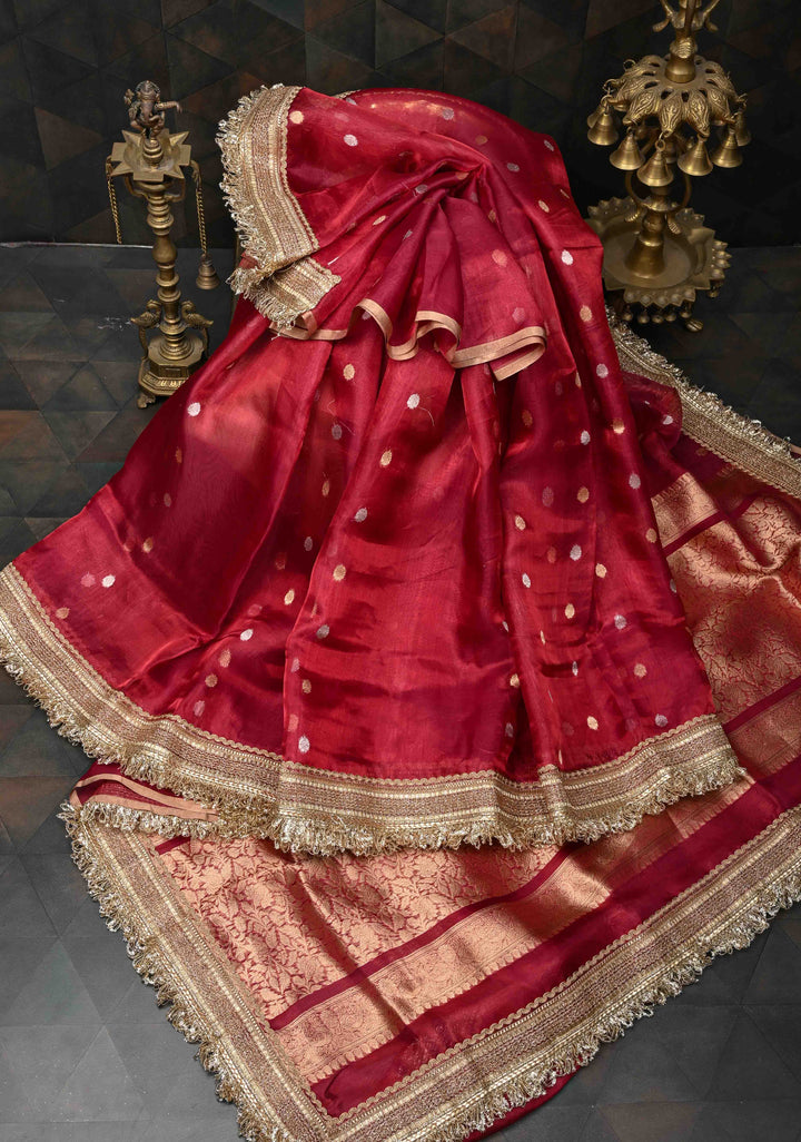 Maroon Organza Tissue Silk Saree with Sona Rupa Zari Buttas and Fancy Lace Trim Border | SILK MARK CERTIFIED