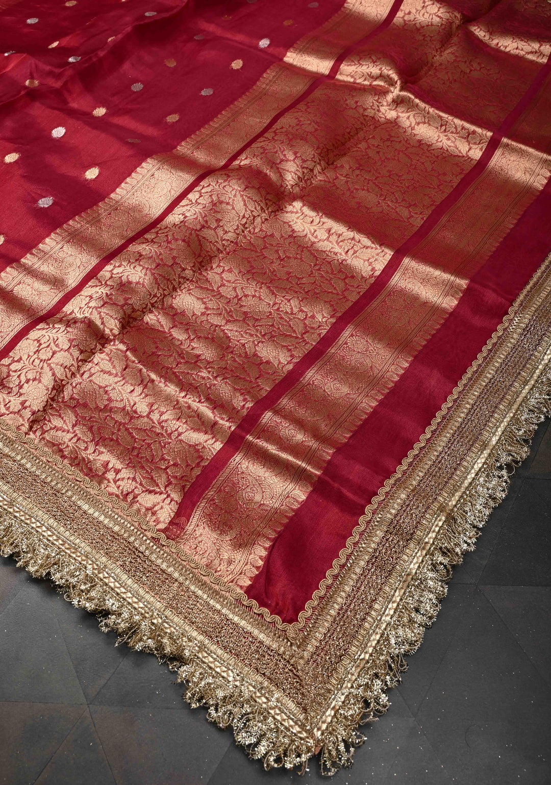 Maroon Organza Tissue Silk Saree with Sona Rupa Zari Buttas and Fancy Lace Trim Border | SILK MARK CERTIFIED