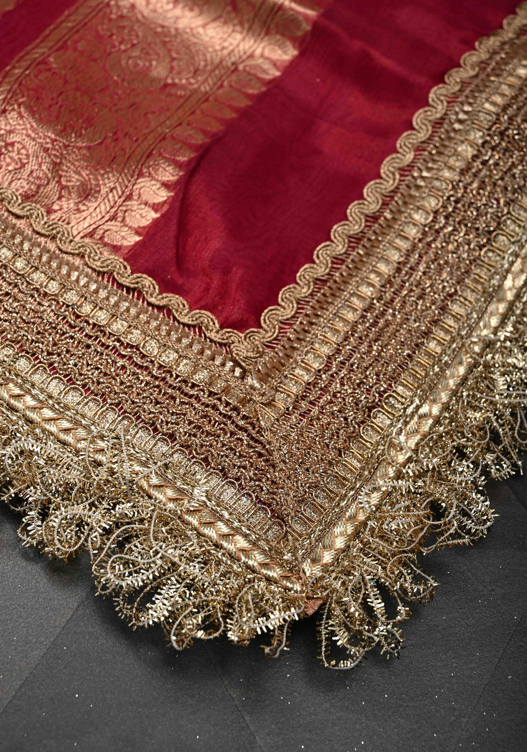 Maroon Organza Tissue Silk Saree with Sona Rupa Zari Buttas and Fancy Lace Trim Border | SILK MARK CERTIFIED