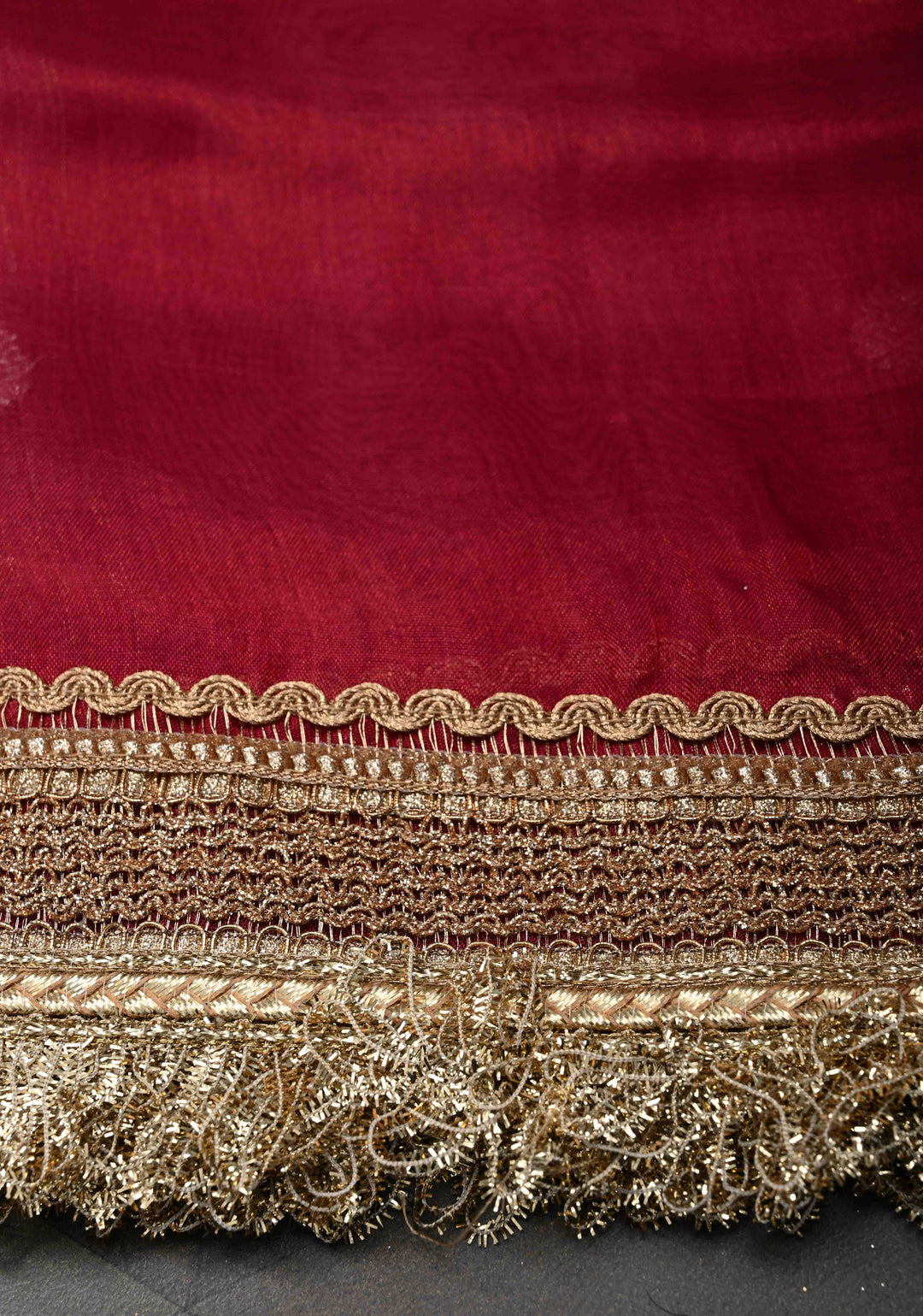 Maroon Organza Tissue Silk Saree with Sona Rupa Zari Buttas and Fancy Lace Trim Border | SILK MARK CERTIFIED