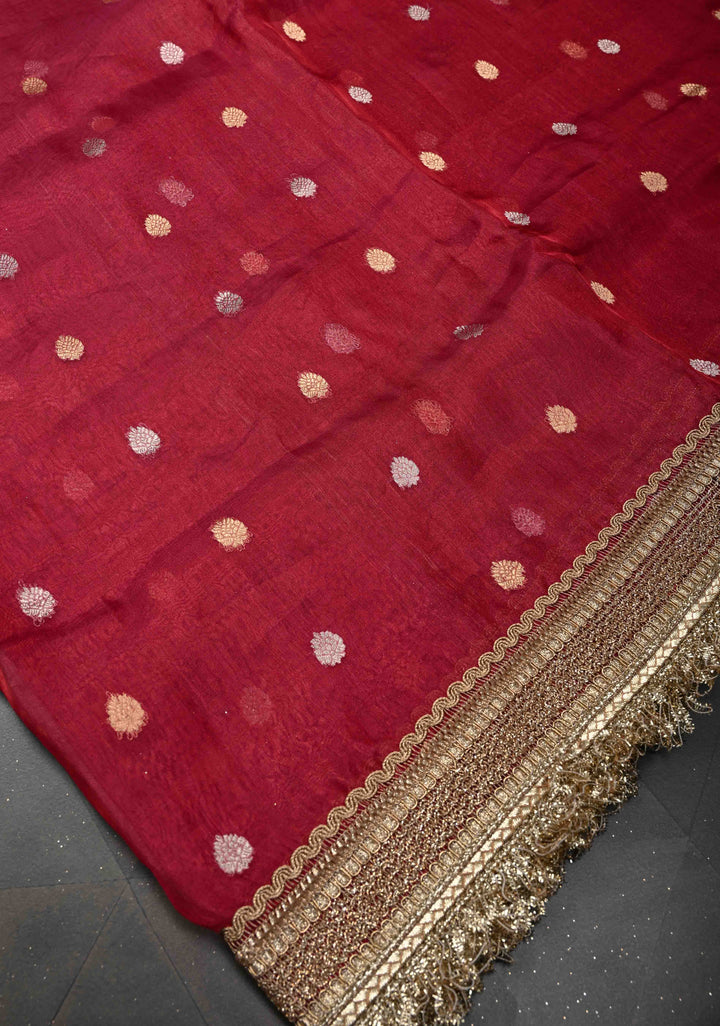 Maroon Organza Tissue Silk Saree with Sona Rupa Zari Buttas and Fancy Lace Trim Border | SILK MARK CERTIFIED