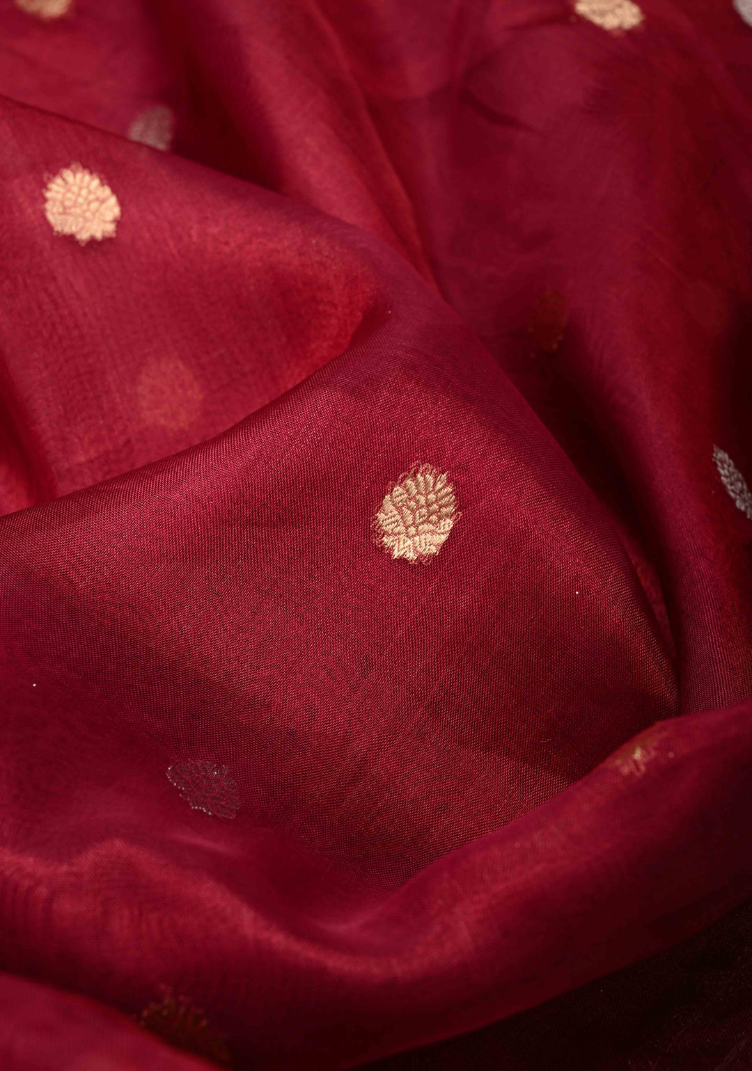 Maroon Organza Tissue Silk Saree with Sona Rupa Zari Buttas and Fancy Lace Trim Border | SILK MARK CERTIFIED