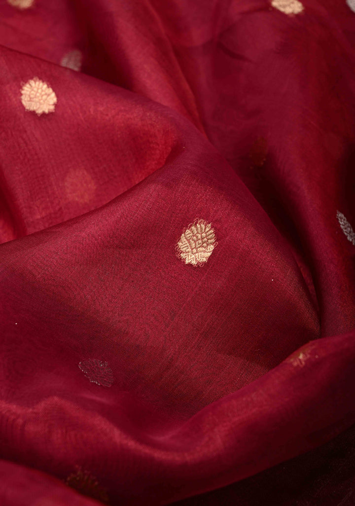 Maroon Organza Tissue Silk Saree with Sona Rupa Zari Buttas and Fancy Lace Trim Border | SILK MARK CERTIFIED