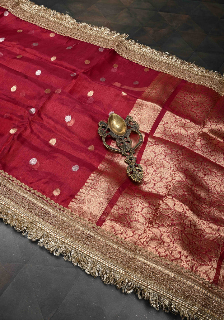 Maroon Organza Tissue Silk Saree with Sona Rupa Zari Buttas and Fancy Lace Trim Border | SILK MARK CERTIFIED
