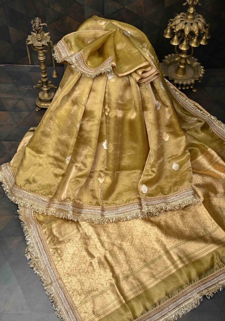 Gold Banarasi Pure Tissue Silk Saree with Sona Rupa Zari Buttas and Fancy Lace Border | SILK MARK CERTIFIED